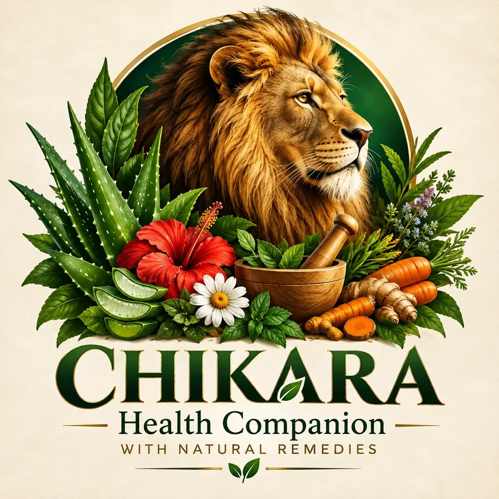 CHIKARA Health Companion with natural remedies: a lion before aloe, hibiscus, ginger and a mortar